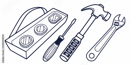 Set of repair and maintenance hand tools including spirit level screwdriver hammer and wrench with screwdriver construction carpentry engineering maintenance hardware building equipment