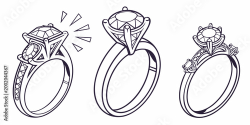 Line art set of three different diamond engagement rings with various gemstone cuts and decorative bands jewelry design engagement gemstone accessory platinum collection precious treasure