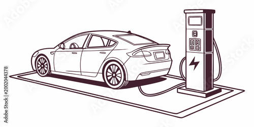 Electric vehicle parked at a charging station drawing with electric charging transport sustainable technology automobile environment infrastructure emission transportation driveway industry