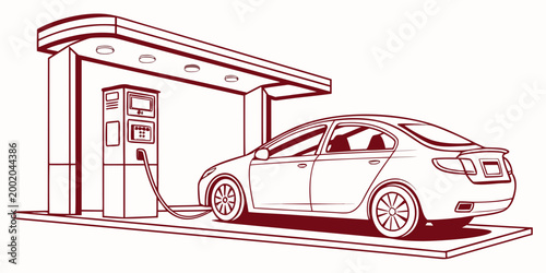 Electric car plugged into a charging terminal under a canopy with electric charging infrastructure technology transport automobile sustainable transportation emission terminal industry