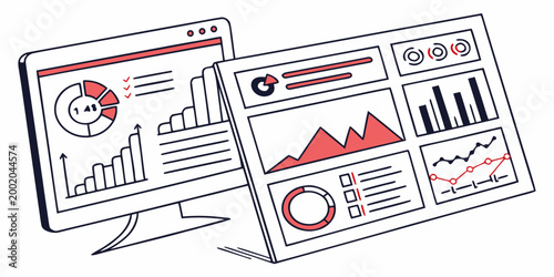 Business data analytics dashboard illustration showing multiple screens with financial charts pie graphs bar diagrams for performance tracking and information visualization dashboard analytics