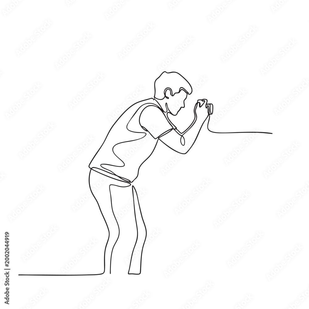 Obraz premium Continuous line drawing of a young photographer leaning forward holding a professional dslr camera capturing perfect shots.