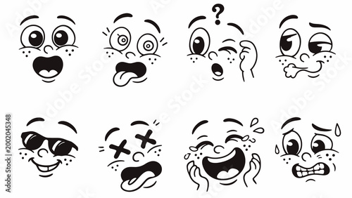 Set of funny cartoon faces showing diverse emotions: surprised, confused, cool, dead, laughing, disgusted, angry, winking, and more. Black and white doodle style.