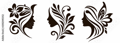 A set of three black woman profile silhouettes featuring floral and butterfly hair ornaments on transparent background. Concept of transformation, beauty and nature in feminine design.
