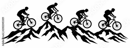 Flat vector sequence of cyclists riding across mountain peaks. Concept of progression, endurance and sport training shown through repeated motion stages in clean silhouette style