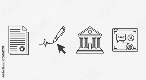 A collection of four line art icons representing digital signing, a courthouse, and a video conference interface