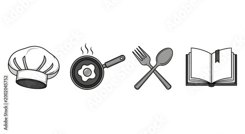 Cooking icons representing a chef's hat, frying pan with egg, cutlery, and an open recipe book, perfect for culinary themes