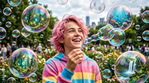 Joyful young person blowing bubbles in vibrant park setting