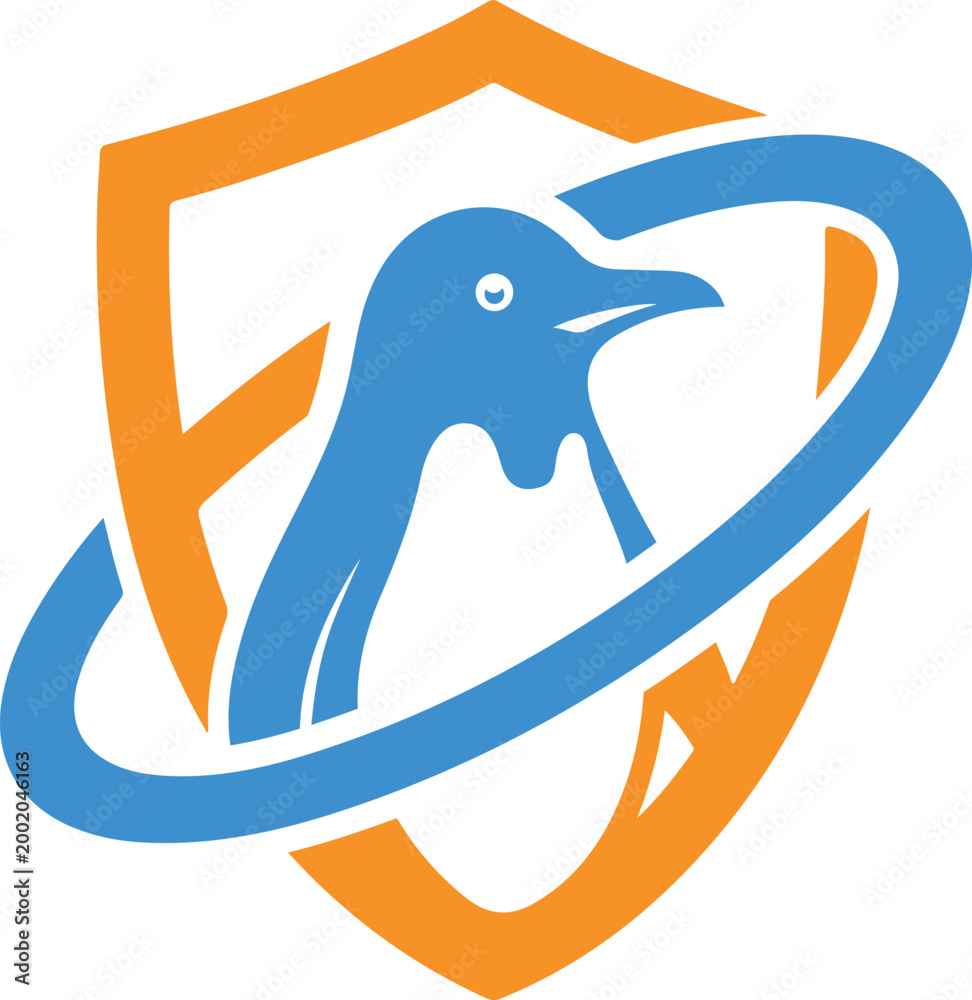 Obraz premium Abstract penguin logo design inside a shield shape with a circular orbit element