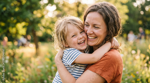 Happy mother and young child hugging and laughing together outdoors in a green park with warm natural light and soft bokeh background.