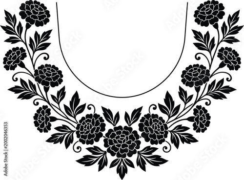 Black and white floral neckline design embroidery pattern with detailed high resolution organic petals.