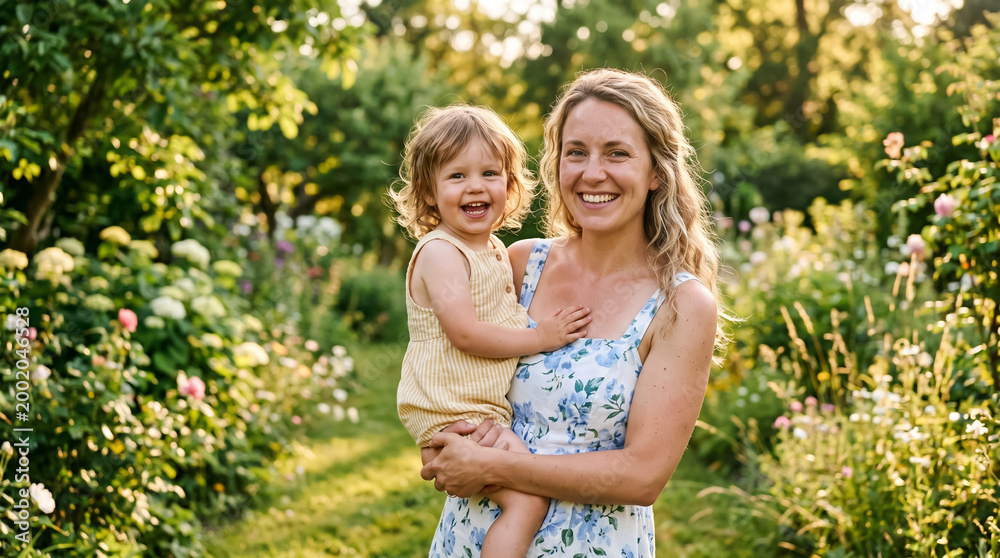 Fototapeta premium Happy mother and young child hugging and laughing together outdoors in a green park with warm natural light and soft bokeh background.