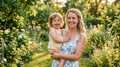 Happy mother and young child hugging and laughing together outdoors in a green park with warm natural light and soft bokeh background.