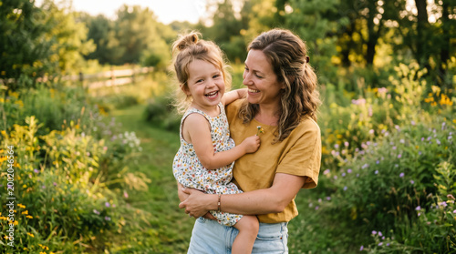 Happy mother and young child hugging and laughing together outdoors in a green park with warm natural light and soft bokeh background.