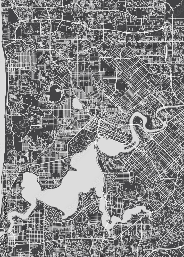 Naklejka premium Detailed vector map of Perth is the capital city of Western Australia, Monochrome topographic urban street plan, Cartography travel poster