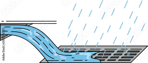 A storm drain is depicted with a large volume of water flowing out onto a grate as rain falls heavily, illustrating effective water management and drainage systems during intense precipitation.