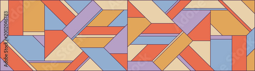 Abstract geometric mosaic pattern of cubism and stained glass techniques with line ornament pastel color, artwork combination of warm terracotta, muted blue and lavender on beige background
