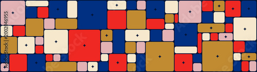 Vibrant mid-century modern geometric pattern with minimalist flat colorful rounded squares and stars, Bauhaus style background in red, blue and mustard colors, retro bizarre abstract ornament