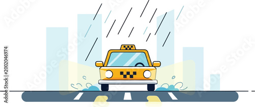 A yellow taxi cab driving through a city street on a rainy day with abstract building shapes in the background and splashes of water indicating movement on transparent background