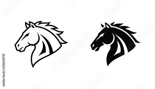 Minimalist horse head silhouette logo design in black and white vector style for equestrian branding and sports team emblems