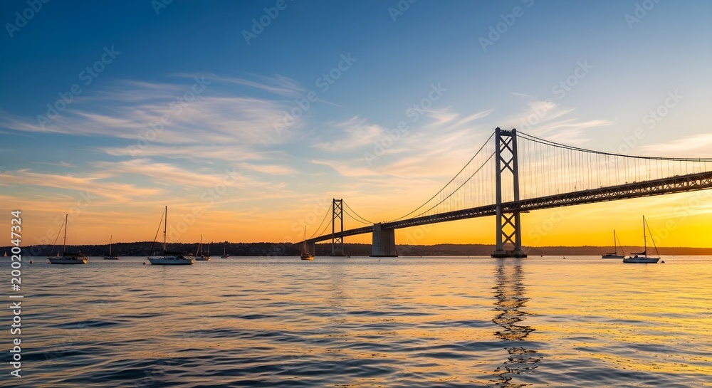 Fototapeta premium Suspension bridge over water with sailboats at sunset