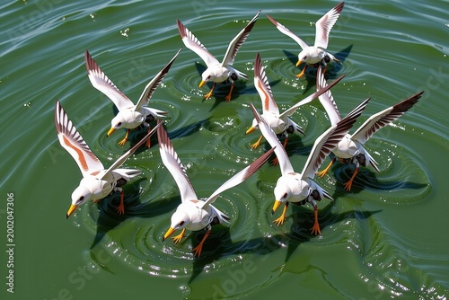 A flock of mechanical seagulls made of rusted tin cans and wire, diving aggressively into an ocean of thick, churning green paint.