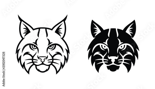 Bobcat head portrait vector graphic set featuring a fierce expression in both clean line art and solid black silhouette styles for sports and wildlife branding