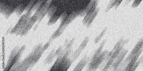 Dynamic abstract monochrome background with diagonal streaks of dark and light tones, overlaid with a fine granular noise effect for a textured and artistic visual