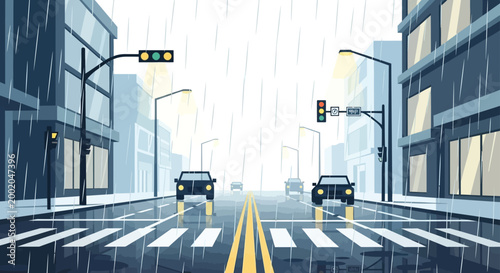 Cars drive down a wet city street lined with buildings and traffic lights during a heavy rainstorm, reflecting the bright illumination of street lamps and signals on the slick asphalt and crosswalks.