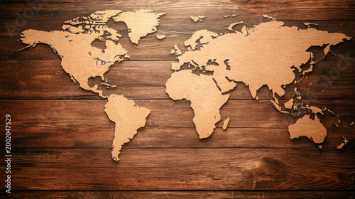 Wooden World Map on Rustic Wooden Background for Travel Inspiration