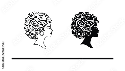 Woman silhouette profile with decorative curly hair and heart symbols vector