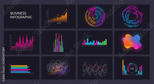 Comprehensive business infographic set with various charts and abstract shapes infographic business analysis statistics collection gradient abstract elements marketing corporate information