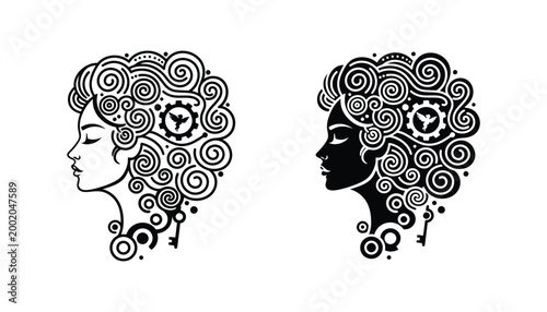 Stylized woman head profile with swirling hair and clockwork gears for creative surreal illustration or concept art