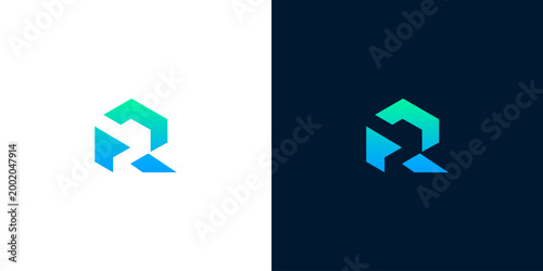 Geometric 'R' logo design in two contrasting color schemes on white and dark backgrounds, ideal for tech and corporate branding