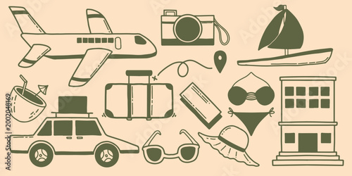 Hand drawn travel and vacation icon set. Travel essentials doodle illustration. Summer trip and tourism elements set