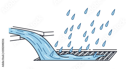 This simple yet effective graphic illustration depicts a conceptual representation of water runoff during a rainfall event with a pipe channeling water onto a grated surface on transparent background.