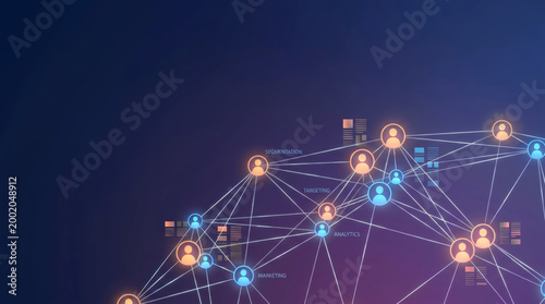 customer segmentation and data analytics for digital marketing strategy showing audience targeting through a global network of connected people icons and consumer behavior insights on blue.