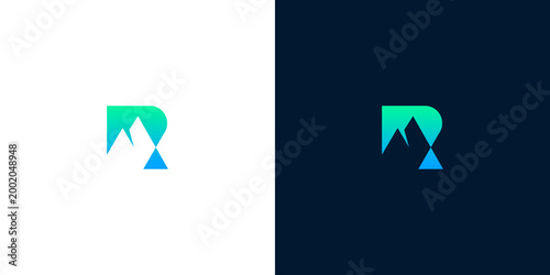 Abstract R mountain logo on white and dark blue backgrounds, signifying nature and growth