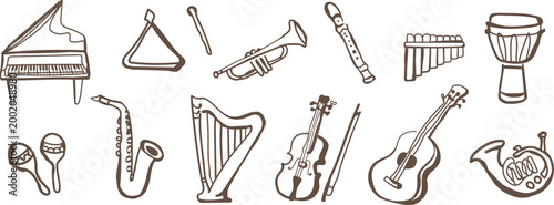 Musical instruments set naive doodle vector illustration hand drawn illustration.