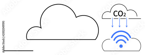 Environmental impact, sustainability, data storage, cloud computing, wireless connectivity, digital innovation. Minimalistic cloud shapes, CO2 arrows wireless symbol. Environmental impact