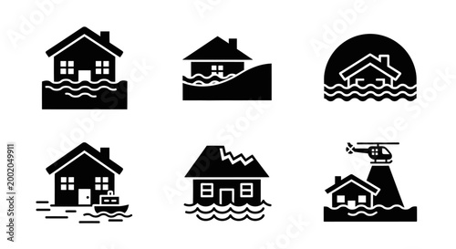 Flood Disaster Icons: Houses Damaged by Water, Rescue Helicopter, Boat