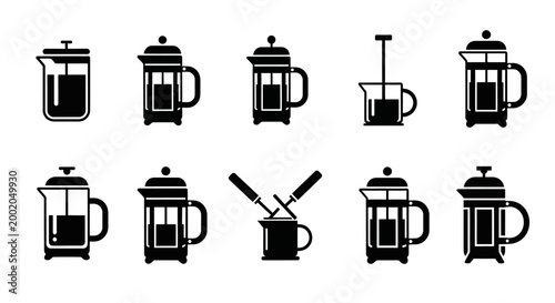 French Press Coffee Maker Icons Set - Black and White Silhouette Collection