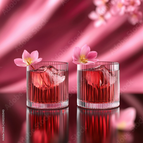 Elegant Cocktails with Floral Garnish on a Soft Pink Background