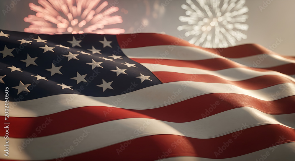 Obraz premium American flag waving with fireworks in background