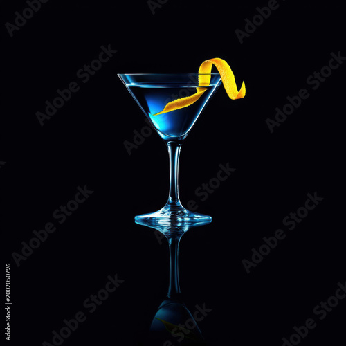 Elegant Blue Cocktail in a Glass with Lemon Twist on Black Background
