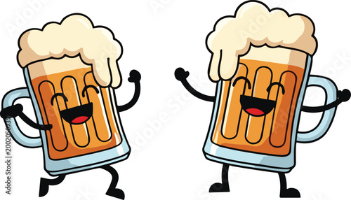 Cartoon Beer Mugs with Smiling Faces Dancing Together in Fun Party Celebration Illustration