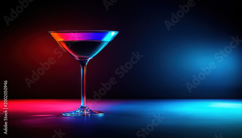 Vibrant Cocktail Glass with Colorful Neon Light Reflection