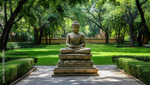 Serene Buddha Statue Surrounded by Lush Green Trees in Park