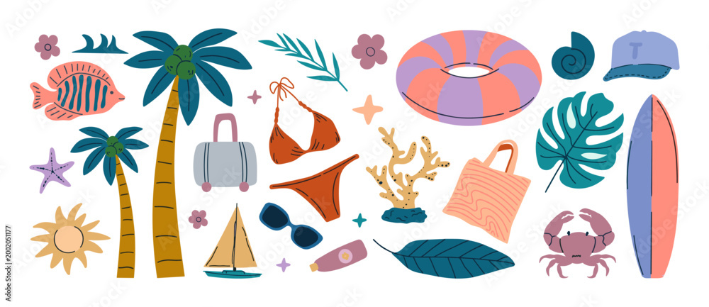 Fototapeta premium Summer beach vacation icons and elements collection with palm trees tote bag inflatable ring summer fashion flat design beach accessories vacation elements collection tropical swimsuit