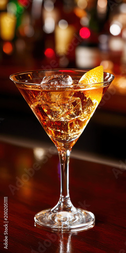 Refreshing Cocktail with Ice and Orange Peel in Elegant Glass